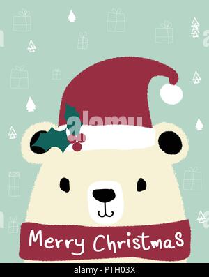 Weißer Teddybär trägt rote Weihnachtsmann Mütze, frohe Weihnachten Karte Stock Vektor