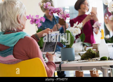 Active Senior Frau mit digitalen Tablet fotografieren Orchidee in blumenarrangierens Klasse Stockfoto