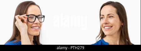 Dieselbe Frau mit und ohne Brille Stockfoto
