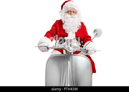 Santa Claus, ein Vintage scooter auf weißem Hintergrund Stockfoto