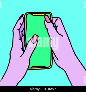 Die Hände mit langen Nägeln holding Smartphone. Frau texting Skizze. Mädchen Nachrichten gesendet. Vector Illustration. Stock Vektor