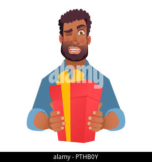 Geschäftsmann gibt ein Geschenk. Geschenk des Menschen. Afrikanischer Mann mit roten vorhanden, Stockfoto
