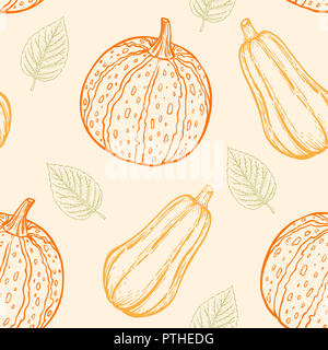 Herbst nahtlose Muster mit Kürbissen und grünen Blättern. Hand gezeichnet Hintergrund im Vintage Style. Stockfoto