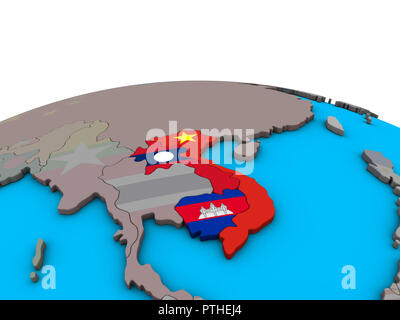 Indochina mit integrierten nationalen Flaggen auf politische 3D-Globus. 3D-Darstellung. Stockfoto