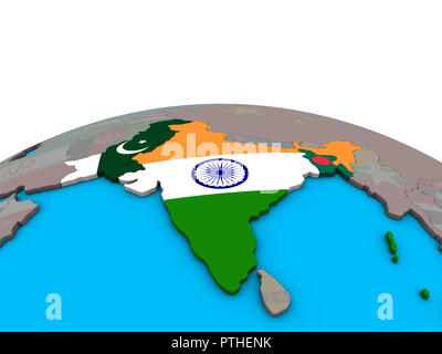 Britisch Indien mit integrierten nationalen Flaggen auf politische 3D-Globus. 3D-Darstellung. Stockfoto