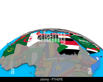 Arabische Liga mit integrierten nationalen Flaggen auf politische 3D-Globus. 3D-Darstellung. Stockfoto