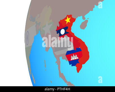 Indochina mit eingebetteten nationale Flaggen auf Blau politische Welt. 3D-Darstellung. Stockfoto