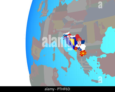 Das ehemalige Jugoslawien mit eingebetteten nationale Flaggen auf Blau politische Welt. 3D-Darstellung. Stockfoto