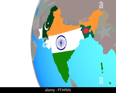 Britisch Indien mit eingebetteten nationale Flaggen auf Blau politische Welt. 3D-Darstellung. Stockfoto