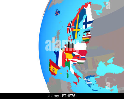 Schengen-raum Mitglieder mit eingebetteten nationale Flaggen auf Blau politische Welt. 3D-Darstellung. Stockfoto