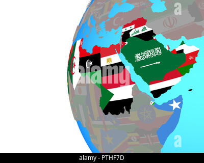 Arabische Liga mit eingebetteten nationale Flaggen auf Blau politische Welt. 3D-Darstellung. Stockfoto