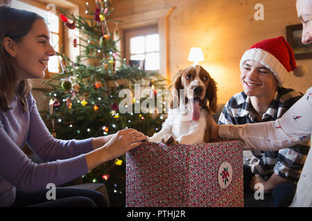 Glückliche Familie mit Hund in Weihnachten Geschenkverpackung Stockfoto