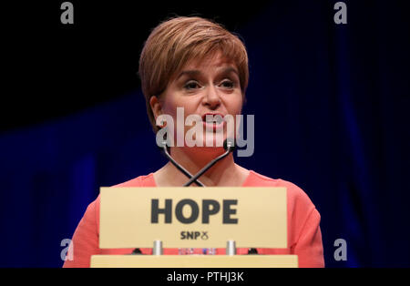 Erster Minister Nicola Sturgeon, ihrer Grundsatzrede an Tag drei des SNP Herbst Konferenz an der SEK, Glasgow. Stockfoto