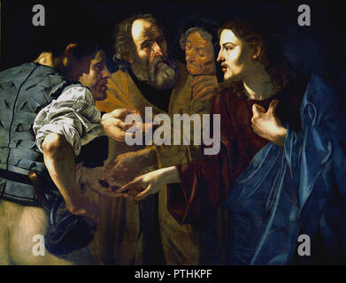 Der Tribut Geld vom Maler 1615-1620 1580-1630 Cecco del Caravaggio (Michelangelo Merisi (oder) Amerighi da Caravaggio 1571 - 1610) Italien, Italienisch. (Christus und ein Pharisäer im Moment im Evangelium, wenn Christus ist eine Münze zeigt und sagt: "Gebt dem Kaiser, was des Kaisers ist, und Gott, was Gottes ist". ) Stockfoto