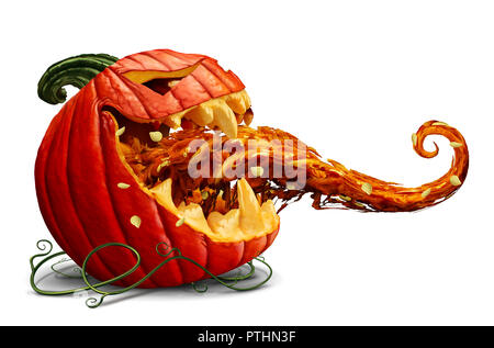 Jack o lantern Förderung als beängstigend und Lustige Halloween Kürbis mit offenem Mund und Zunge heraus auf einem weißen Hintergrund als Herbst. Stockfoto