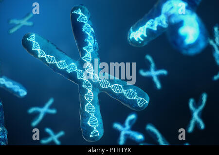 3D-Abbildung X-Chromosomen mit der DNA, der genetische Code. Genetik Konzept, Medizin Konzept. Zukunft, genetische Veränderungen. Ändern der genetische Code auf der biologischen Ebene. Stockfoto
