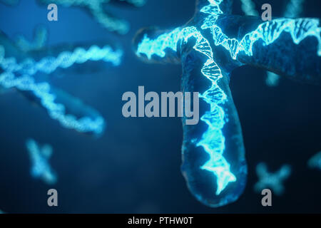 3D-Abbildung X-Chromosomen mit der DNA, der genetische Code. Genetik Konzept, Medizin Konzept. Zukunft, genetische Veränderungen. Ändern der genetische Code auf der biologischen Ebene. Stockfoto