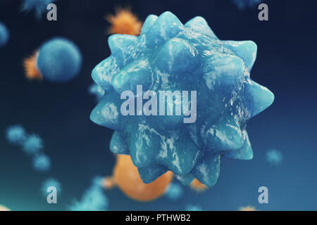 Zusammenfassung Hintergrund Virus. Der Begriff der Wissenschaft und Medizin, die Immunität des Körpers. Influenza Virus, Hepatitis virus, Zellen, die im lebenden Organismus infizieren, 3D-Darstellung Stockfoto