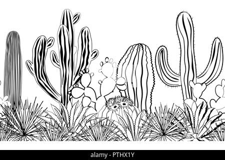 Hand nahtlose Muster mit Skizze Saguaro, Blue Agave gezeichnet, und Feigenkakteen. Lateinamerikanischen Hintergrund. Mexikanischen Grenze. Vector Illustration. Stock Vektor