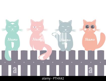 Cute nahtlose Muster Hintergrund mit Katzen Sitzgelegenheiten auf dem Zaun. Pastel palette Silhouetten. Vector Illustration Stock Vektor