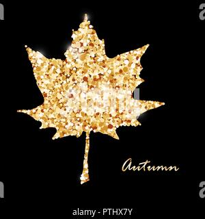 Hallo herbst Karte mit niedlichen Maple Leaf. Banner-, Symbol- oder Verkauf Poster. Gold Glitter Design auf dem schwarzen Hintergrund. Vector Illustration Stock Vektor