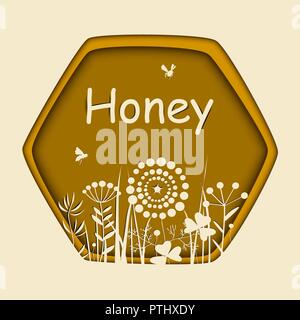 Stilvolle Papier Rahmen mit Bienen und doodle Blumen. Florale Vector Illustration. Wiese Pflanzen weisse Silhouetten in honey comb Stock Vektor