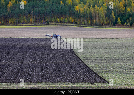 Landwirtschaftliche Landschaft mit Traktor Pflügen eines Feldes im Herbst. Stockfoto