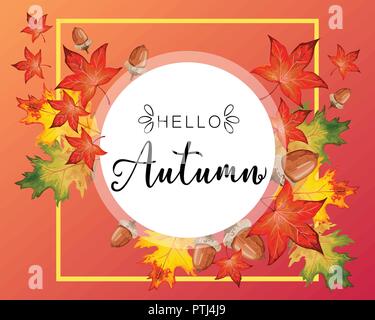 Banner für Hello Herbst mit bunten saisonalen Herbst Blätter und Eicheln für shopping rabatt Förderung. Stock Vektor