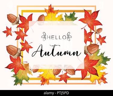 Hallo fallen Schriftzug im Herbst dekorative Blätter frame. Stock Vektor