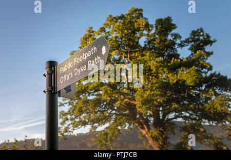 Offa's Dyke Pfad Zeichen im Wye Valley in der Nähe von Bigsweir. Stockfoto