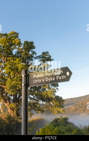 Offa's Dyke Pfad Zeichen im Wye Valley in der Nähe von Bigsweir. Stockfoto