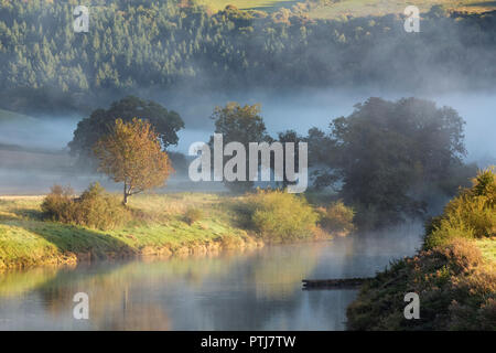 Nebel auf dem Fluss Wye an bigsweir auf der Gloucestershire Monmouthshire Grenze. Stockfoto