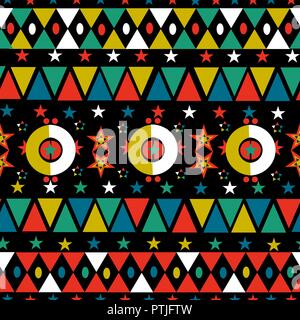 Retro Weihnachtszeit nahtlose Muster im böhmischen volkstümlichen Stil mit bunten geometrischen Formen und Star Dekoration Hintergrund. EPS 10 Vektor. Stock Vektor