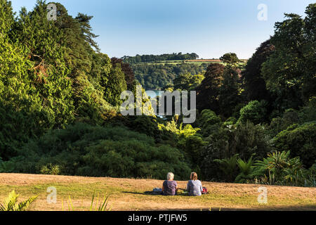 Zwei Personen genießen Sie die Aussicht aus dem Rasen im Trebah Garten in Cornwall. Stockfoto