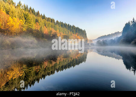 Herbst Nebel über Staindale See in Dalby Forest. Stockfoto