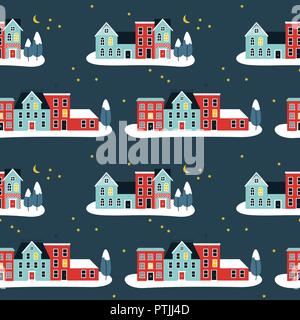 Weihnachten nahtlose Muster der niedliche Häuser im Winter für festliche saisonale Hintergrund. Urlaub Stadt bei Nacht mit Pinien, Schnee, Weihnachten leuchten. Stock Vektor