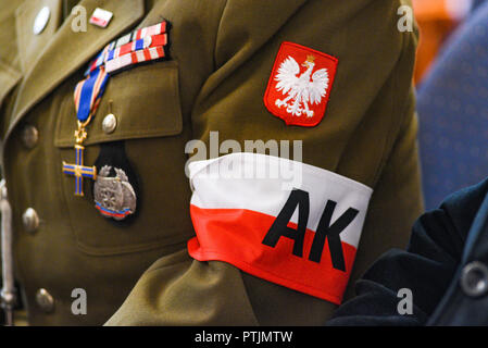 Armband der Armia Krajowa AK, auf die Schulter und mudurd eines polnischen Soldaten. Stockfoto