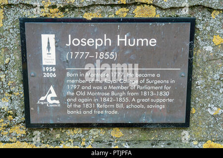 Plakette unter der Statue von Joseph Hume geboren 1777 in Montrose, einem früheren Mitglied des Parlaments und Mitglied der Königlichen Hochschule der Chirurgen. Stockfoto