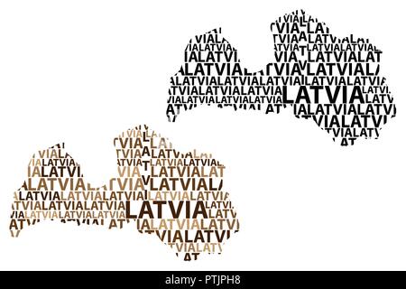 Skizze Lettland schreiben Text Karte, Republik Lettland - in der Form des Kontinents, Karte Lettland - braun und schwarz Vector Illustration Stock Vektor