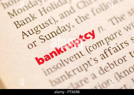 Wörterbuch Definition der Konkurs. Nahaufnahme, Soft Focus Stockfoto