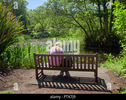 Eine junge Frau auf einer Bank sitzen am Ufer eines kleinen Teichs in der St Andrews Botanic Gardens in Fife in Schottland. Stockfoto