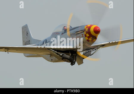 Das nordamerikanische Kampfflugzeug P-51D Mustang Nooky Booky IV startete auf einer Flugschau. Die Räder des Unterwagens verstauen Stockfoto