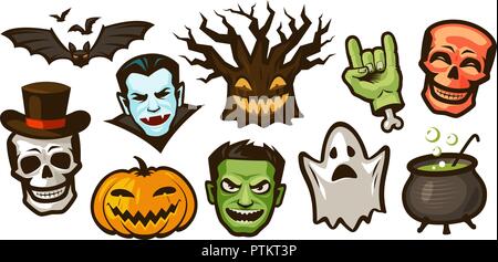 Halloween Set von Etiketten oder Aufklebern. Urlaub Symbol. Cartoon Vector Illustration Stock Vektor