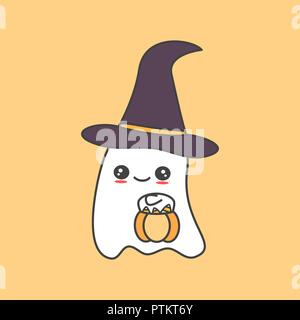 Cute cartoon Geist mit Kürbis Halloween lustige Vector Illustration Stock Vektor