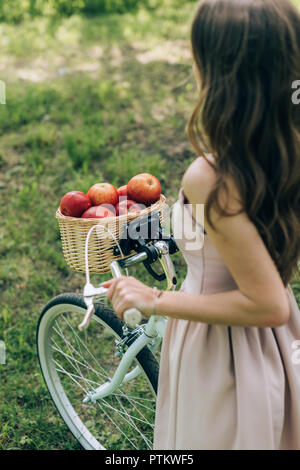 Teilweise mit Blick auf die Frau in Kleid Holding retro Fahrrad mit Weidenkorb voller Reife äpfel an Land Stockfoto