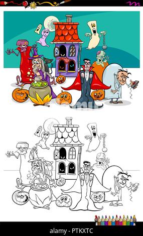 Cartoon Illustration von Spooky Halloween Zeichen Gruppe Malbuch Arbeitsblatt Stock Vektor
