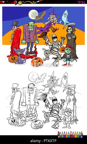 Cartoon Abbildung: Scary Halloween Zeichen Gruppe Malbuch Arbeitsblatt Stock Vektor