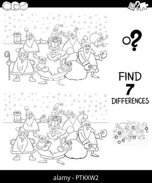 Schwarze und Weiße Cartoon Illustration des Findens Sieben Unterschiede zwischen Bilder Lernspiel für Kinder mit Santa Claus Weihnachten Zeichen Col Stock Vektor