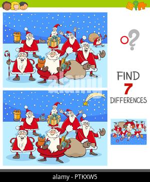 Cartoon Illustration des Findens Sieben Unterschiede zwischen Bilder Lernspiel für Kinder mit Santa Claus Weihnachten Zeichen Stock Vektor