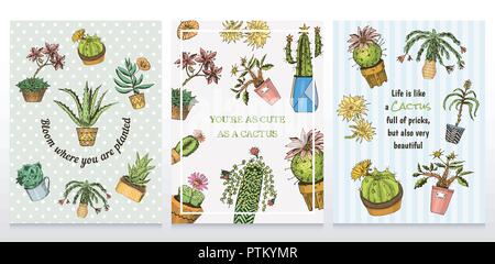 Karten Kaktus und niedlichen Vorlage Sukkulenten. Aufkleber für Mädchen. Mexikanische Zimmerpflanzen Poster. kawaii Kakteen. graviert Hand gezeichnet. Vektor collection Vintage Style. Stock Vektor